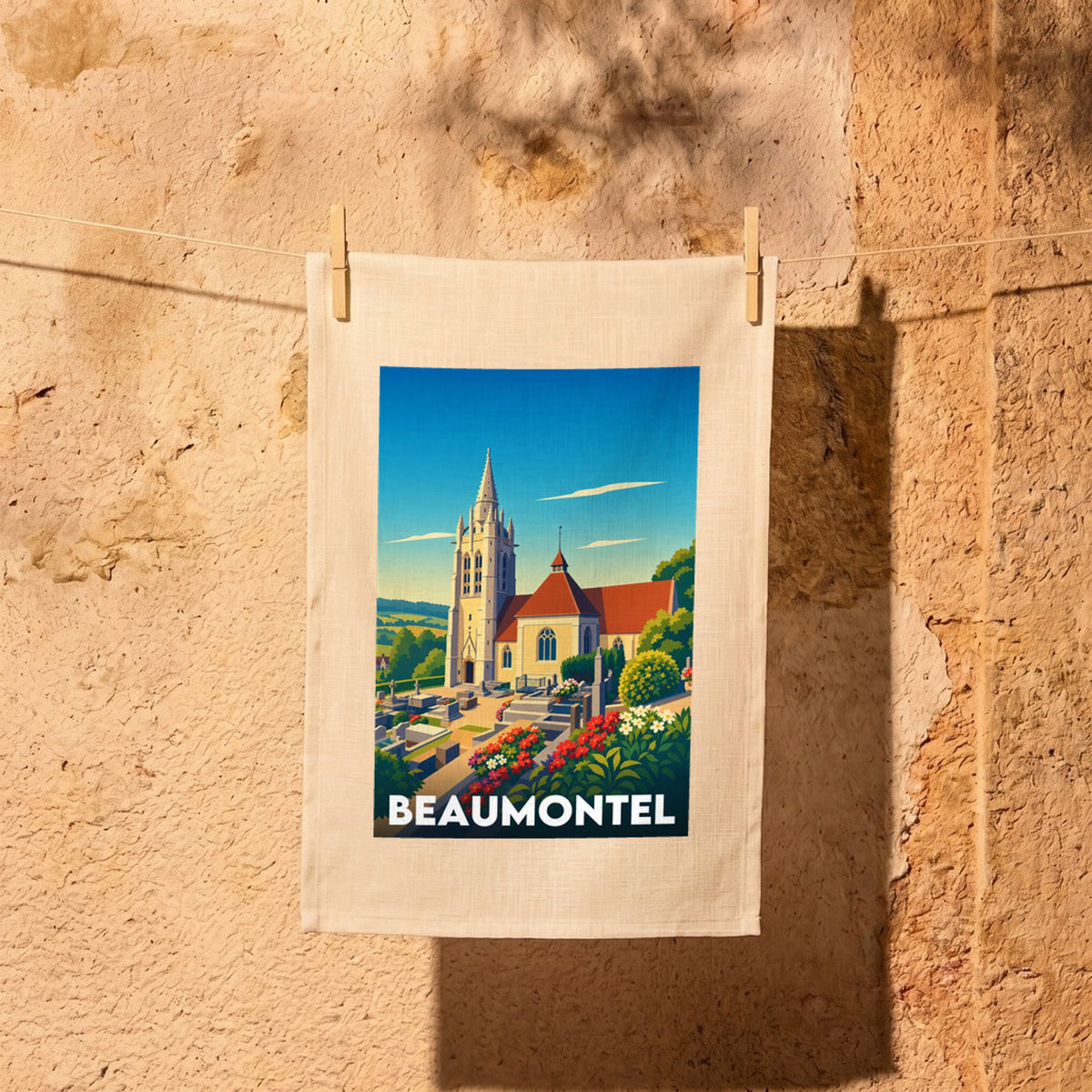Torchon souvenir de la ville de Beaumontel avec une illustration stylisée.