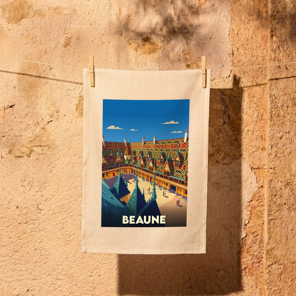 Torchon souvenir de la ville de Beaune avec une illustration stylisée de ses célèbres toits colorés.