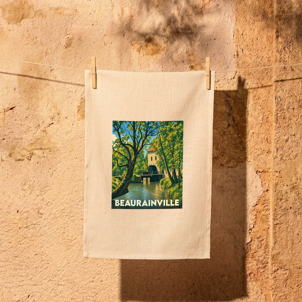 Torchon souvenir de la ville de Beaurainville avec une illustration stylisée d'un moulin au bord de l'eau.