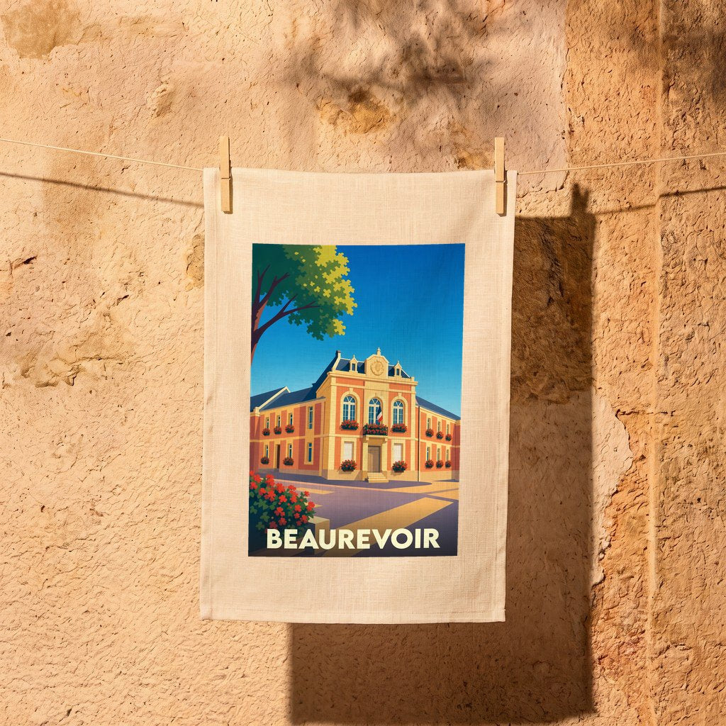Torchon souvenir de la ville de Beaurevoir avec une illustration stylisée.