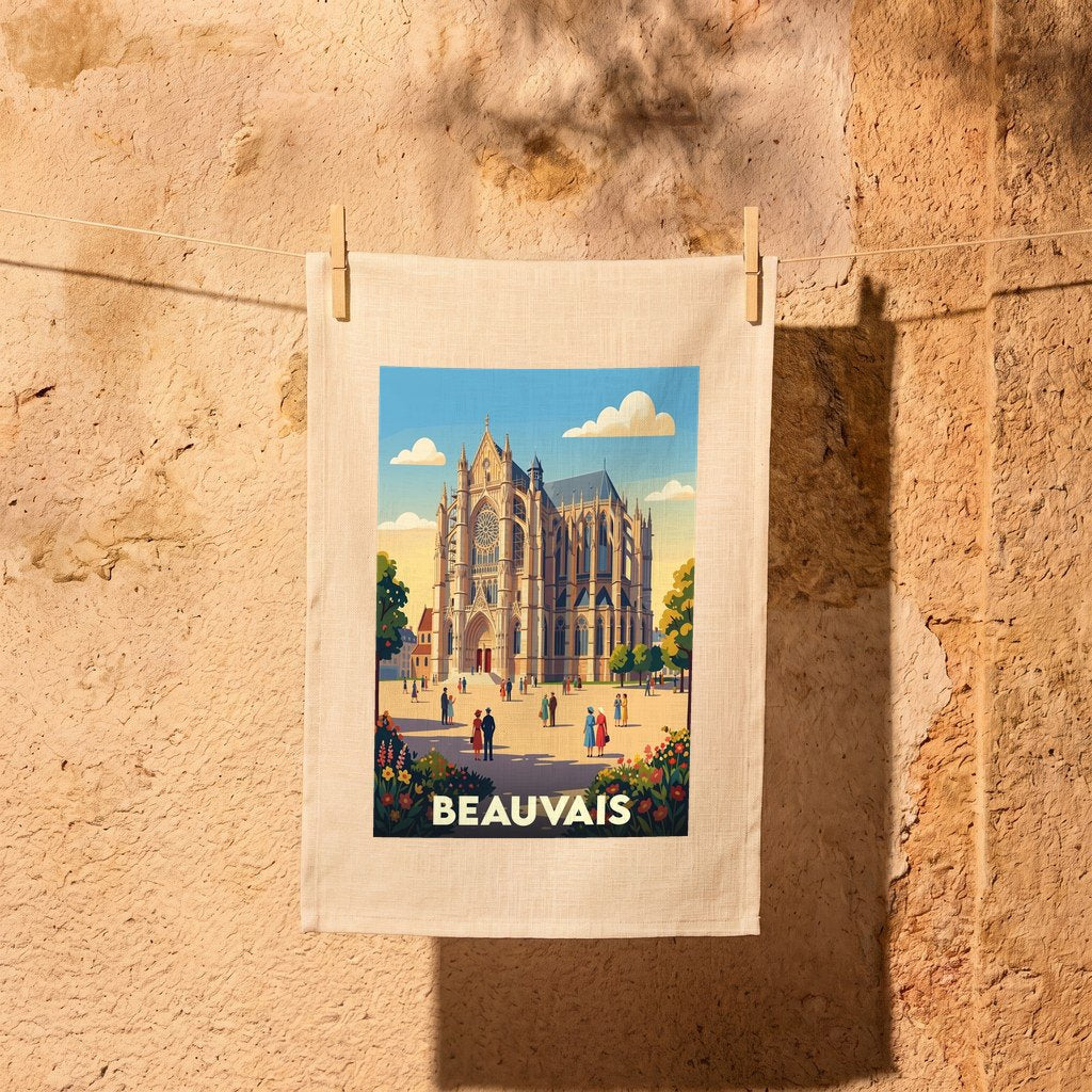 Torchon souvenir de la ville de Beauvais avec une illustration stylisée de sa cathédrale.