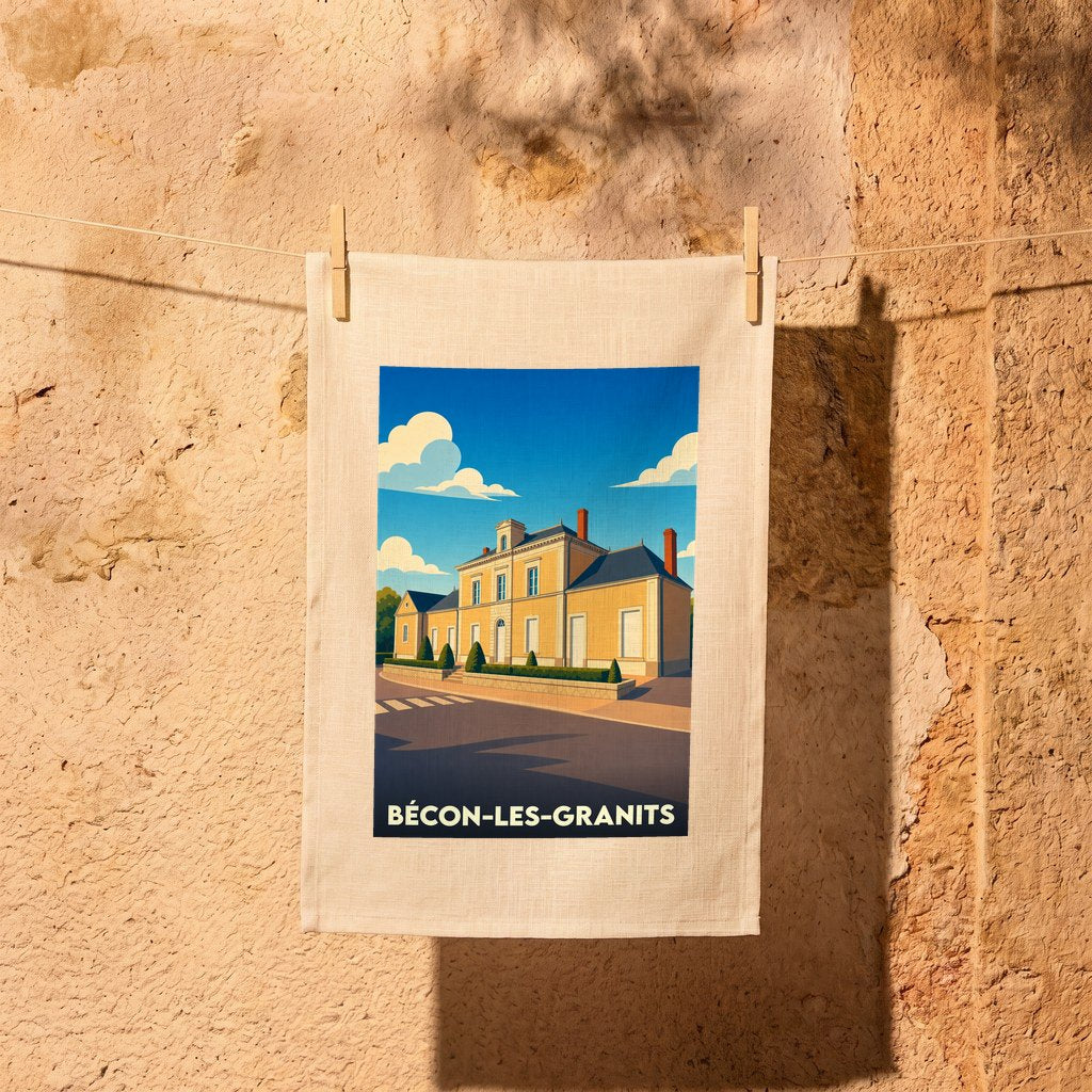Torchon souvenir de la ville de Bécon-les-Granits avec une illustration stylisée.