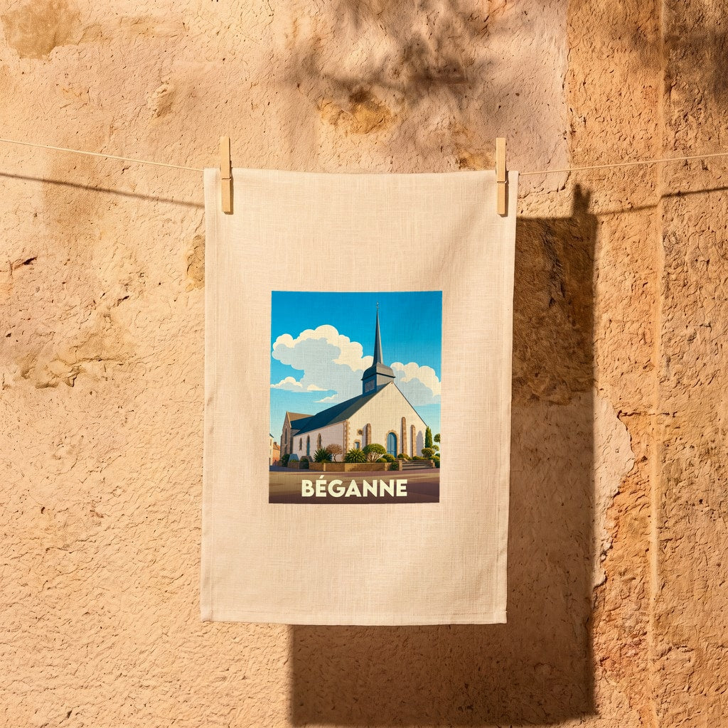 Torchon souvenir de la ville de Béganne avec une illustration stylisée de son église.
