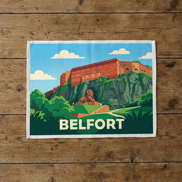 Torchon souvenir de la ville de Belfort avec une illustration stylisée de son célèbre Lion et de la Citadelle.