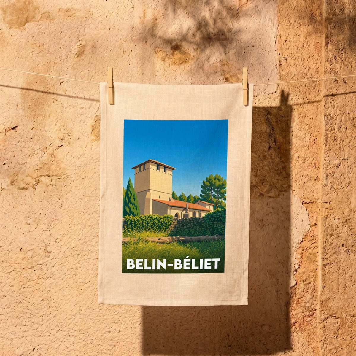 Torchon souvenir de la ville de Belin-Béliet avec une illustration stylisée.