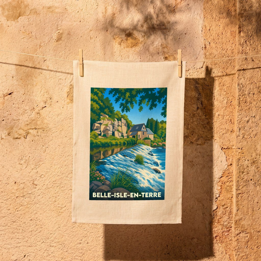 Torchon souvenir de la ville de Belle-Isle-en-Terre avec une illustration stylisée d'un paysage de rivière et de moulin.