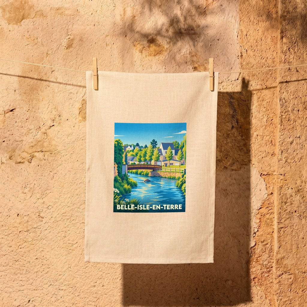 Torchon souvenir de Belle-Isle-en-Terre illustrant le village et sa rivière dans un style graphique épuré.
