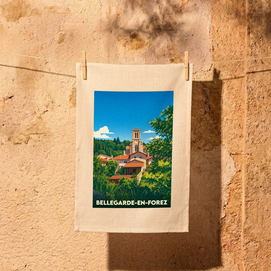 Torchon souvenir de la ville de Bellegarde-en-Forez avec une illustration stylisée.