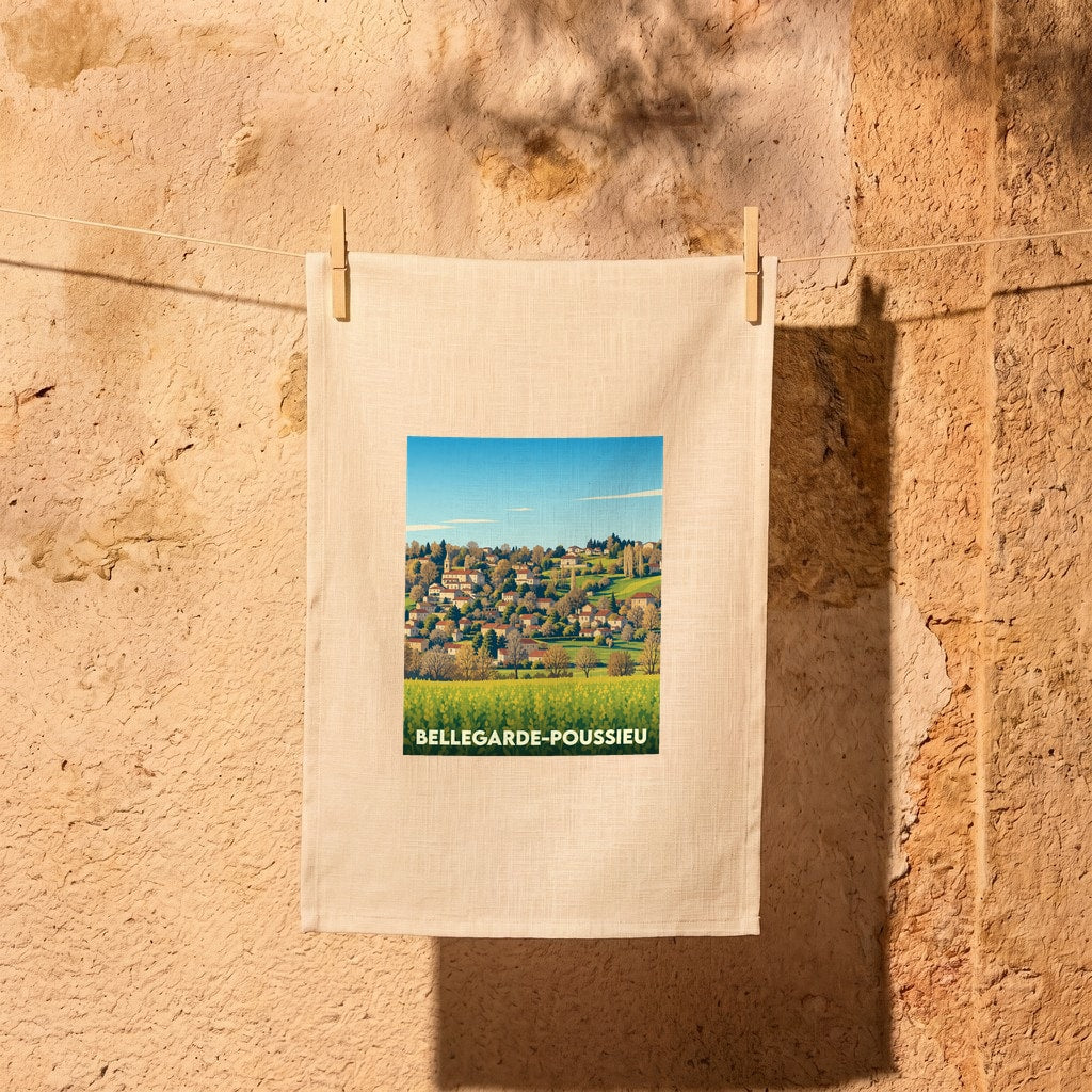 Torchon de cuisine souvenir de la ville de Bellegarde-Poussieu illustré d'un paysage coloré et champêtre.