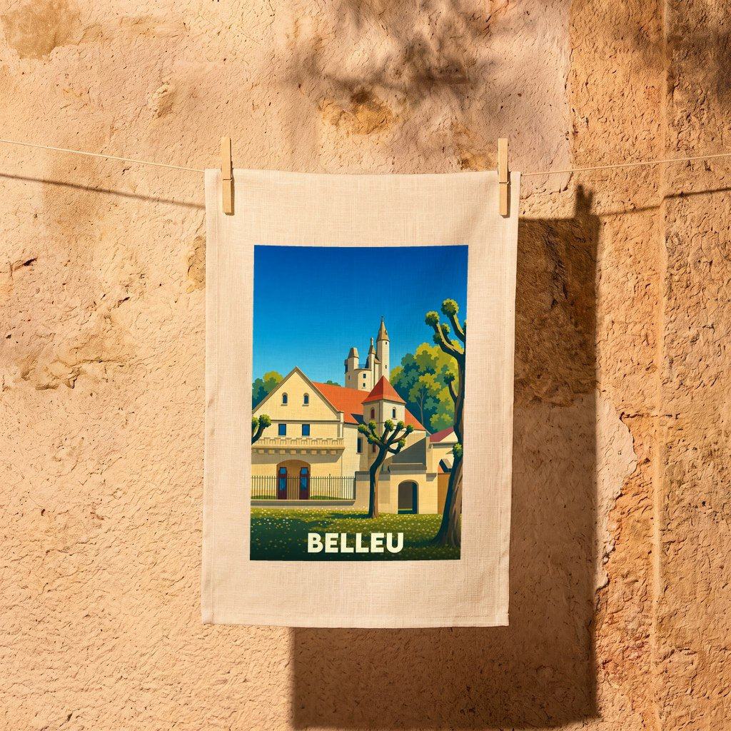 Torchon souvenir de la ville de Belleu orné d'une illustration stylisée de son patrimoine.