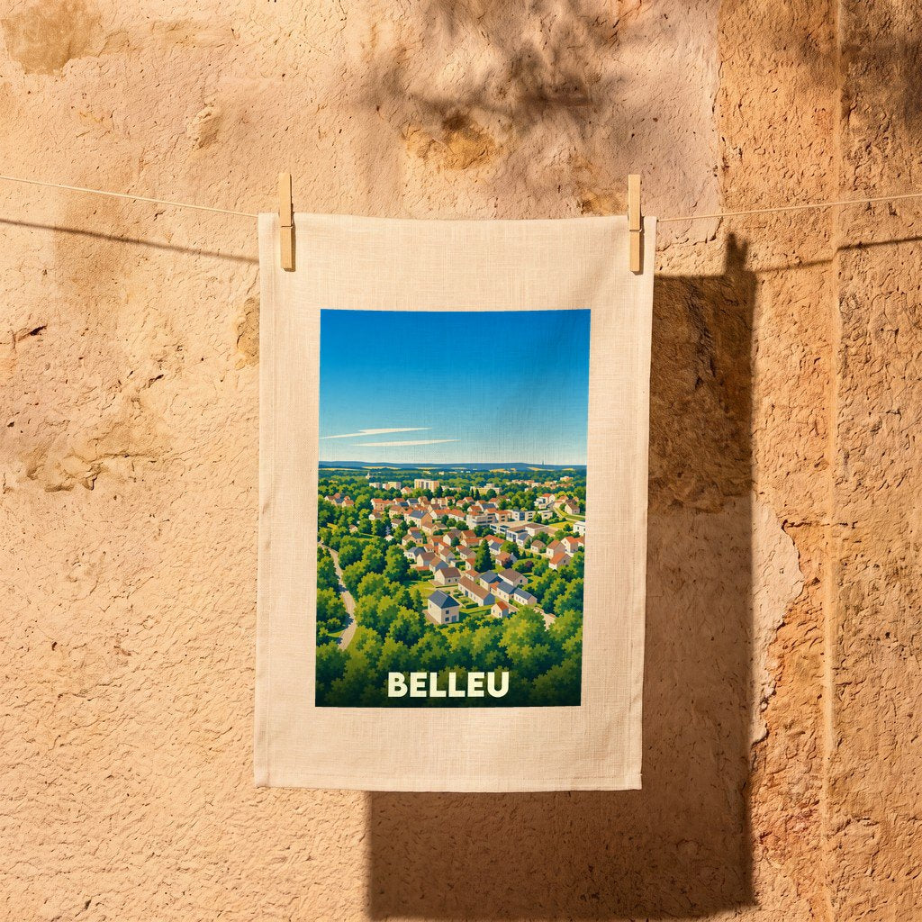 Torchon souvenir de la ville de Belleu avec une illustration stylisée.