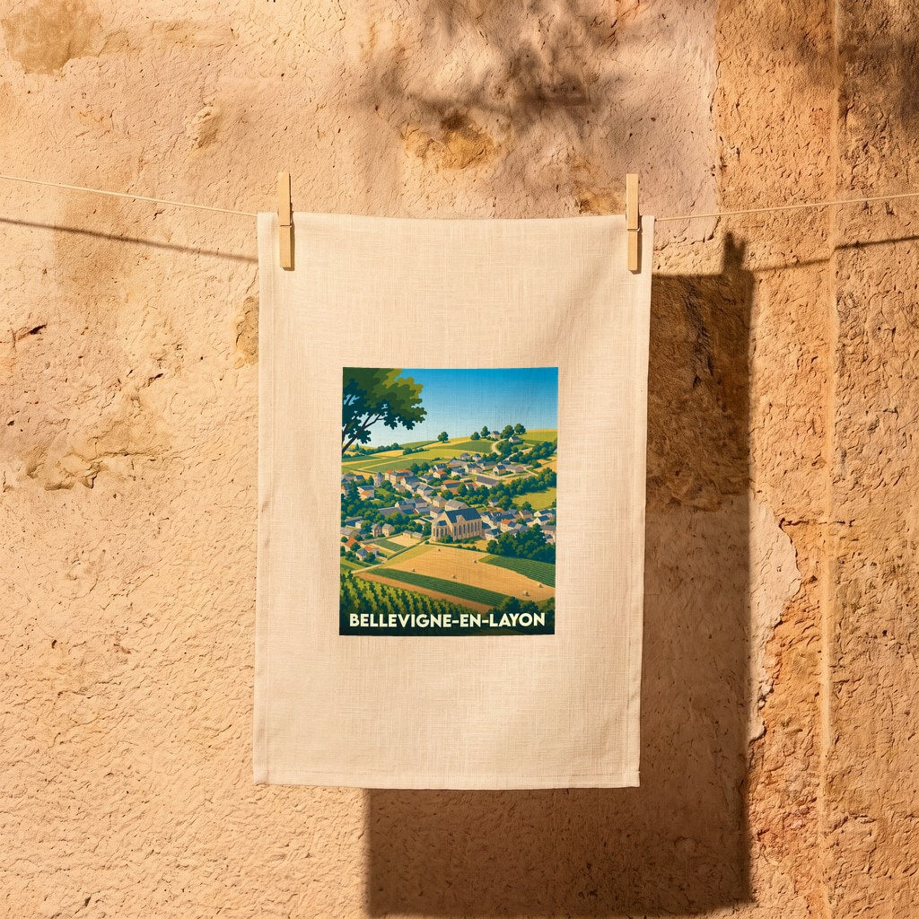 Torchon souvenir de la ville de Bellevigne-en-Layon illustré d'un paysage de vignobles et de collines.