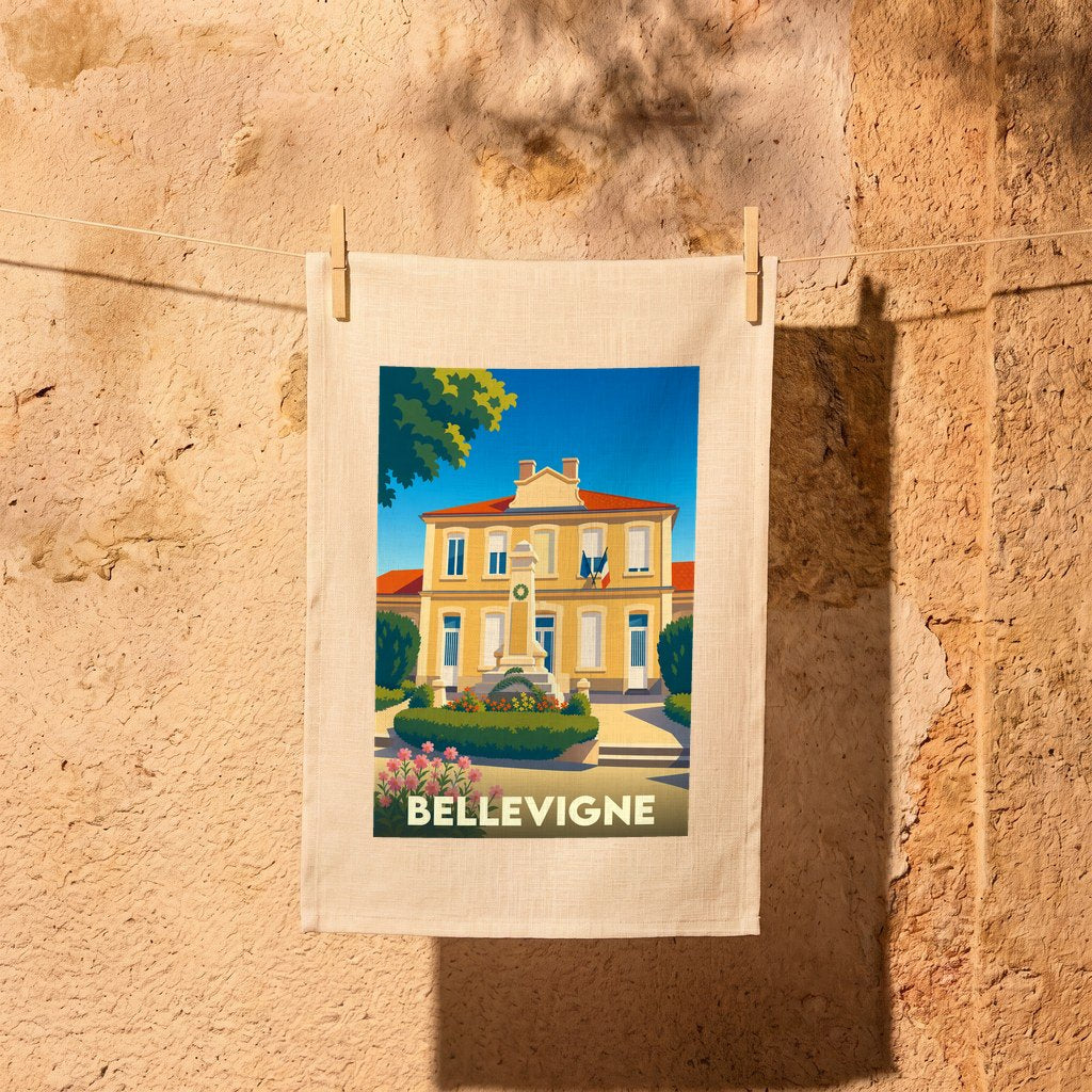 Torchon souvenir de la ville de Bellevigne avec une illustration stylisée.