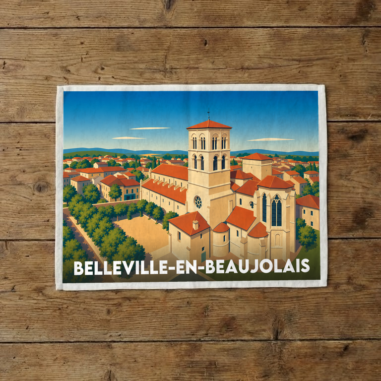 Torchon souvenir de la ville de Belleville-en-Beaujolais avec une illustration stylisée.
