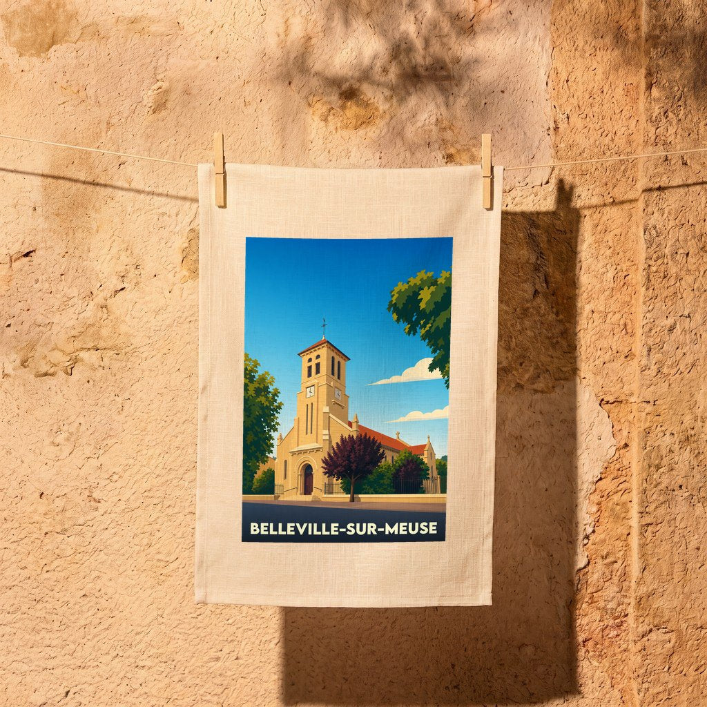 Torchon souvenir de la ville de Belleville-sur-Meuse avec une illustration stylisée de son église.