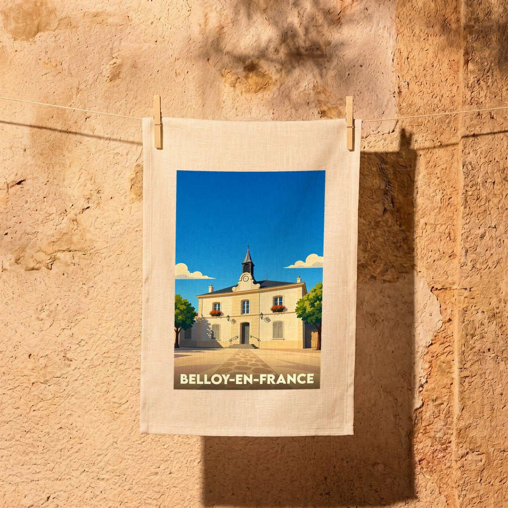 Torchon souvenir de la ville de Belloy-en-France avec une illustration stylisée de son hôtel de ville.