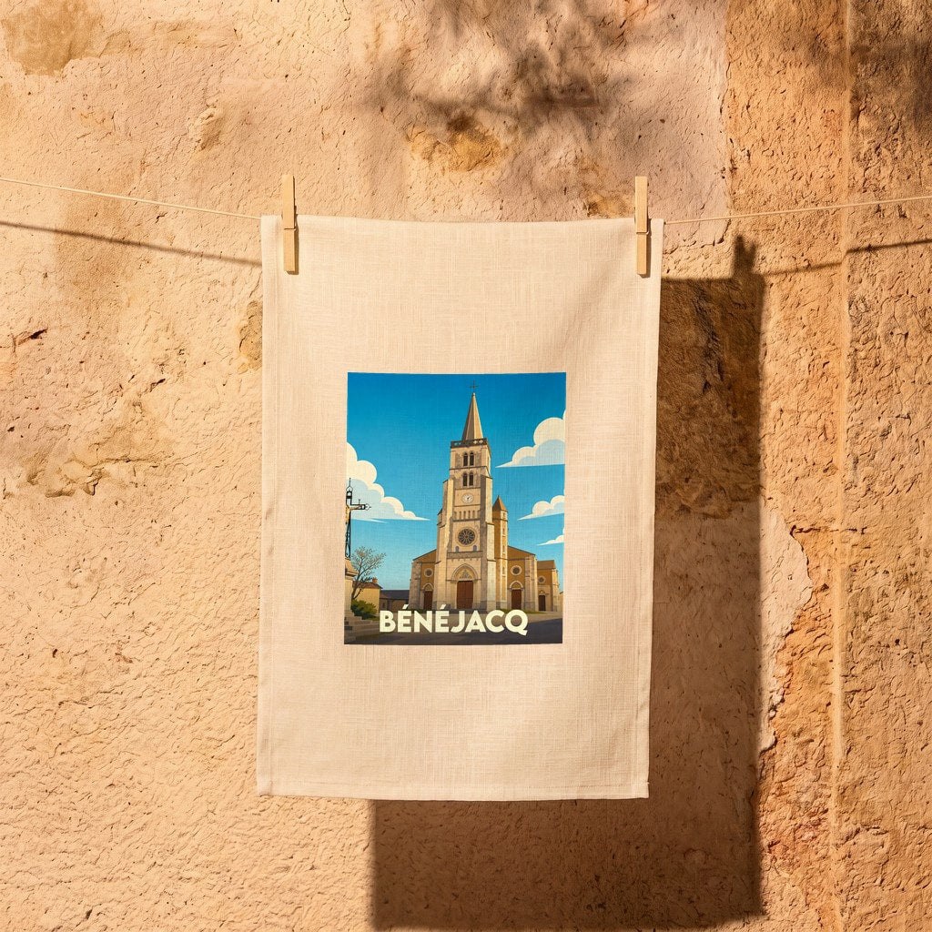 Torchon souvenir de la ville de Bénéjacq illustré d'une vue stylisée de son église et de son calvaire.