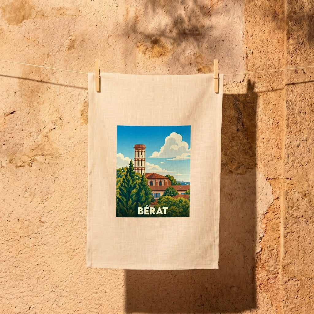 Torchon souvenir de la ville de Bérat avec une illustration stylisée.