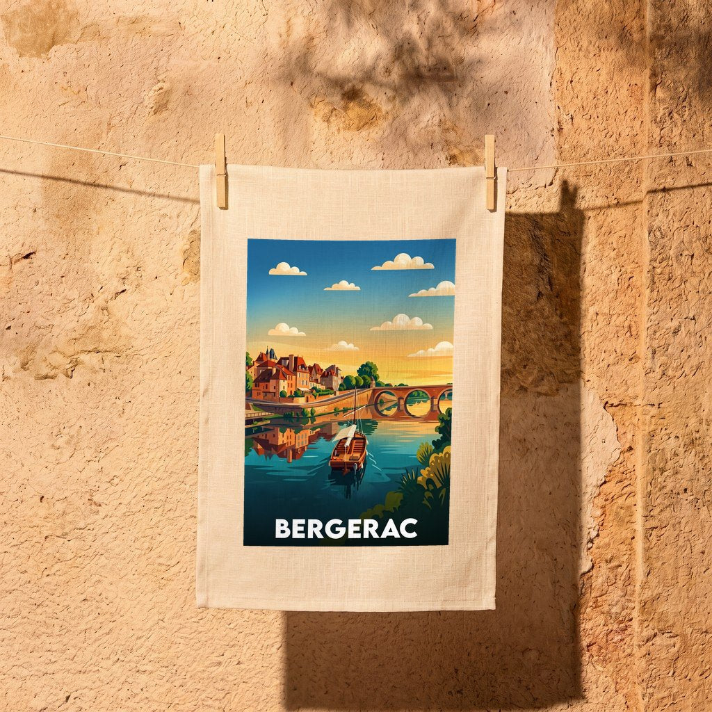 Torchon souvenir de la ville de Bergerac avec une illustration stylisée.