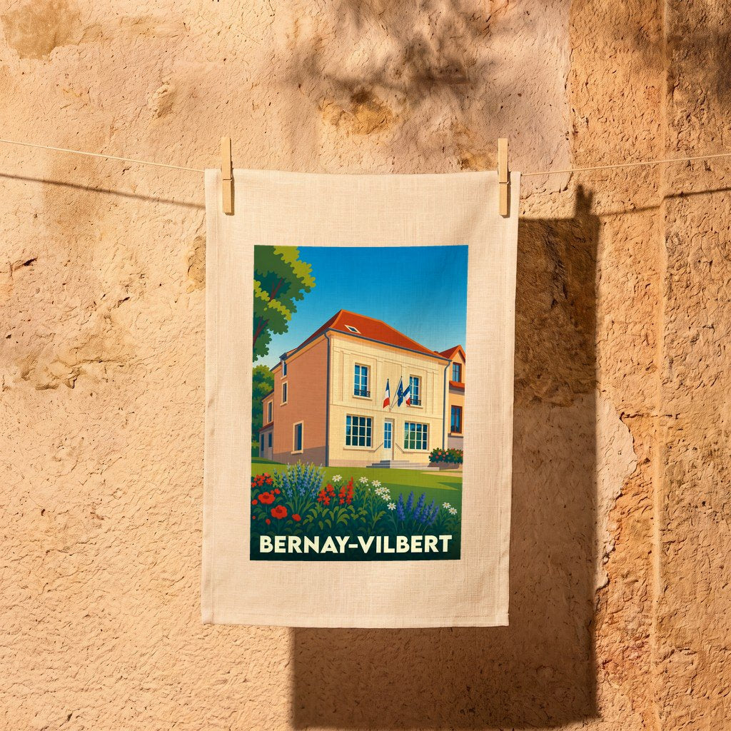 Torchon souvenir de la ville de Bernay-Vilbert avec une illustration stylisée.
