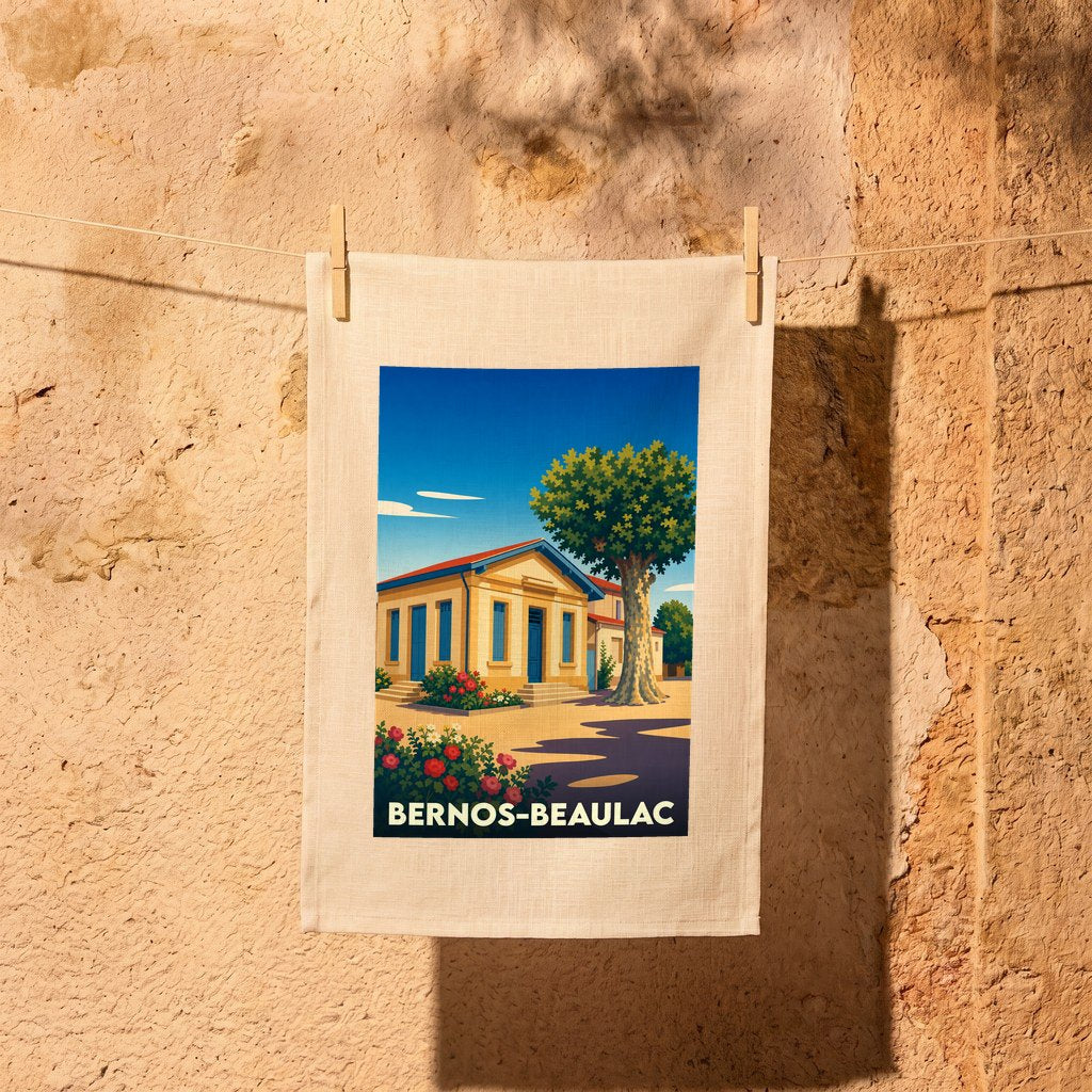 Torchon souvenir de la ville de Bernos-Beaulac avec une illustration stylisée d'un bâtiment ensoleillé et de fleurs colorées.