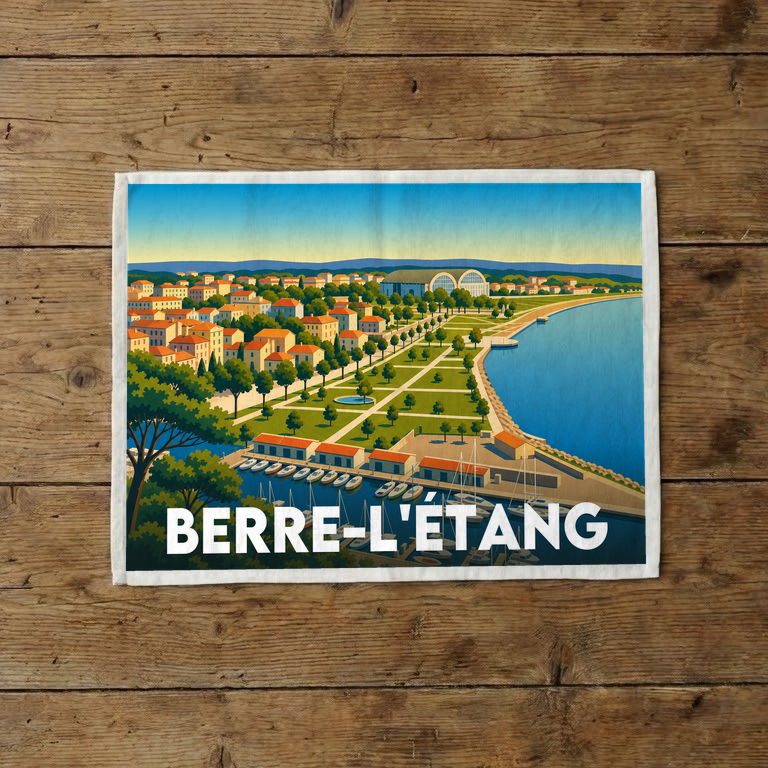 Torchon souvenir de la ville de Berre-l'Étang avec une illustration stylisée du front de mer.