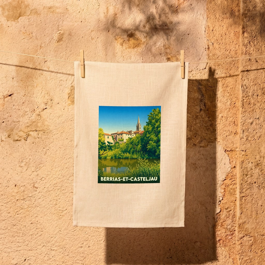 Torchon souvenir de la ville de Berrias-et-Casteljau avec une illustration paysagère stylisée.
