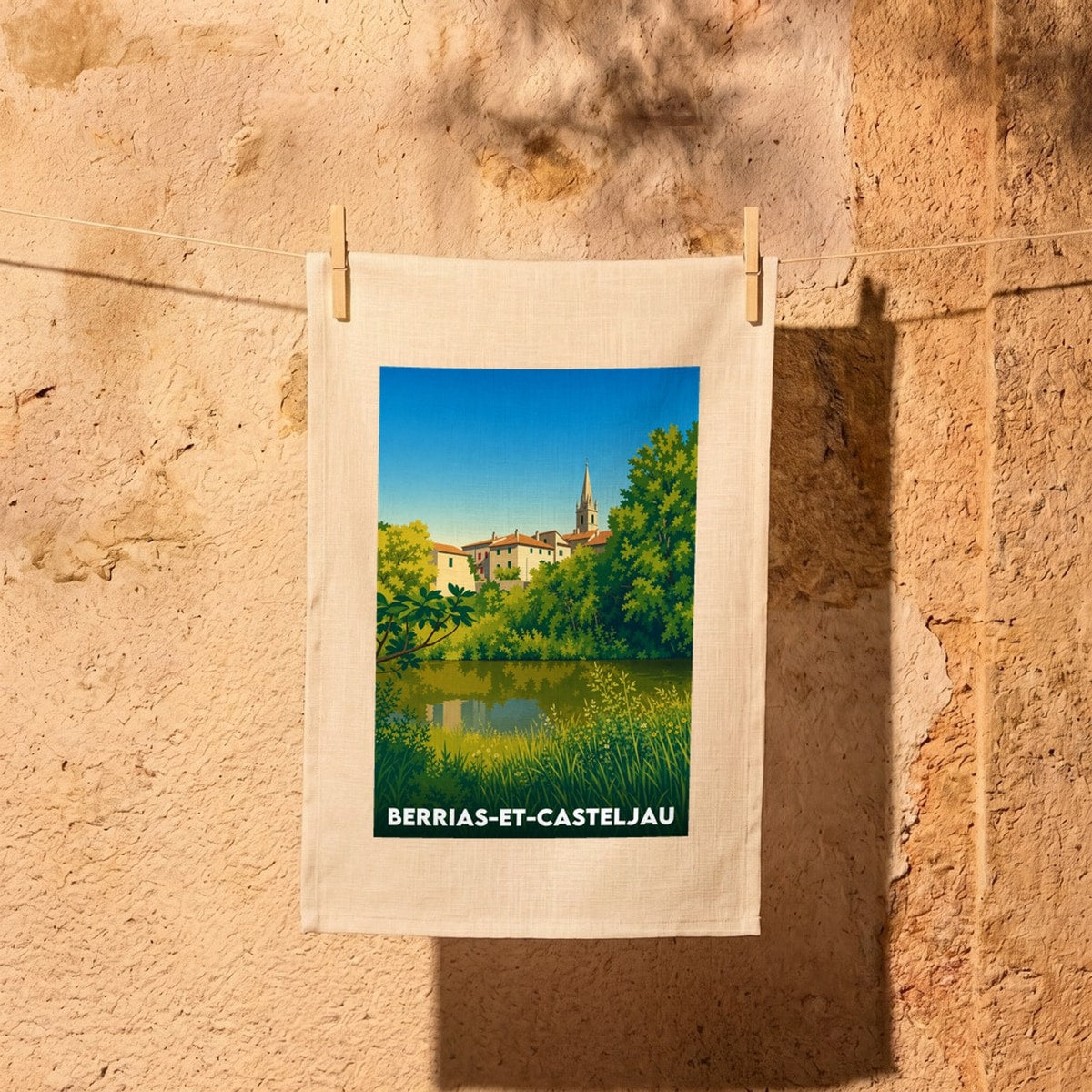 Torchon souvenir de la ville de Berrias-et-Casteljau avec une illustration paysagère stylisée.