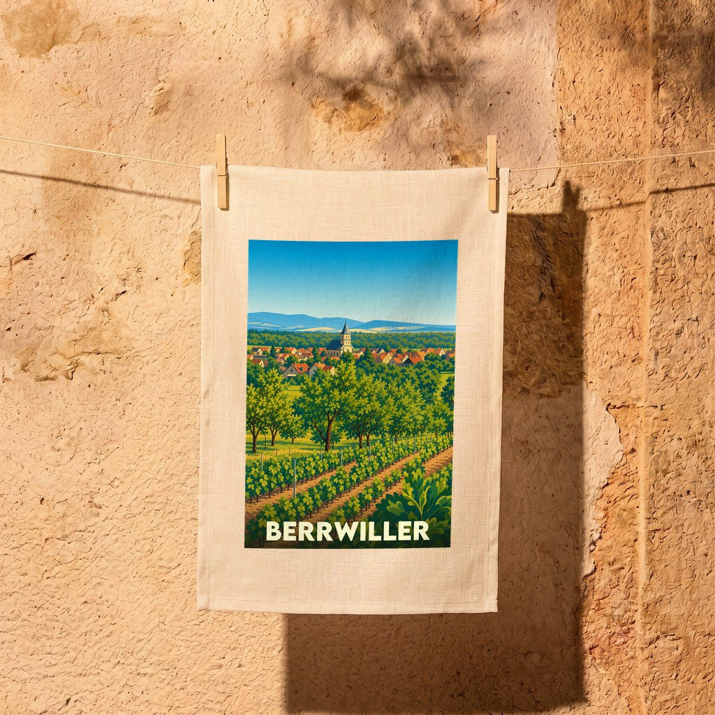 Torchon souvenir de la ville de Berrwiller orné d'une illustration stylisée de son paysage alsacien.