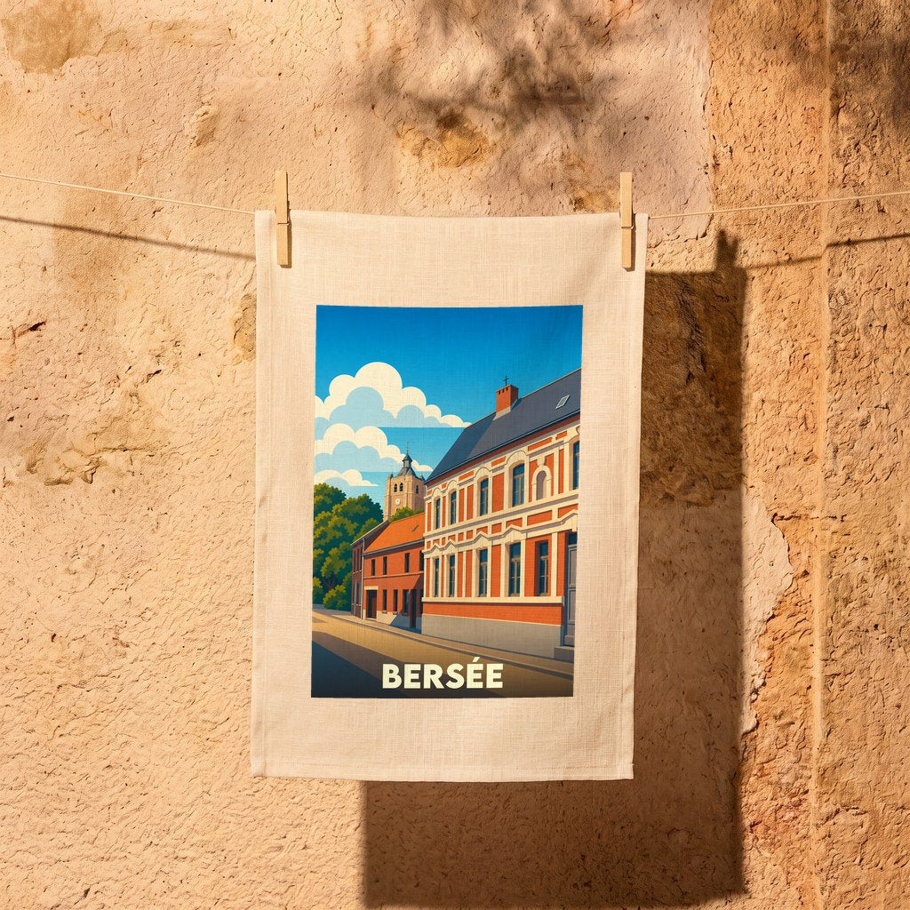 Torchon souvenir de la ville de Bersée avec une illustration stylisée d'un paysage urbain.