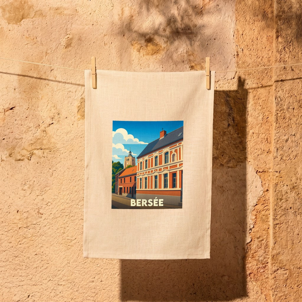 Torchon souvenir de la ville de Bersée avec une illustration stylisée d'un paysage urbain.