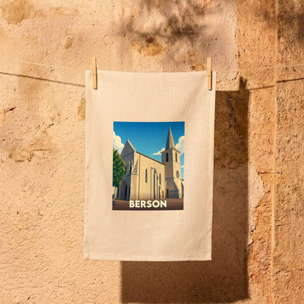 Torchon souvenir de la ville de Berson avec une illustration stylisée de son église.