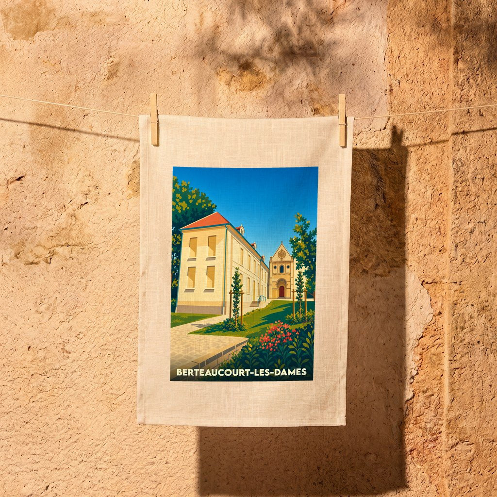 Torchon souvenir de Berteaucourt-les-Dames avec une illustration stylisée de son abbaye.