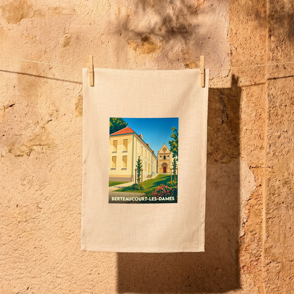 Torchon souvenir de Berteaucourt-les-Dames avec une illustration stylisée de son abbaye.