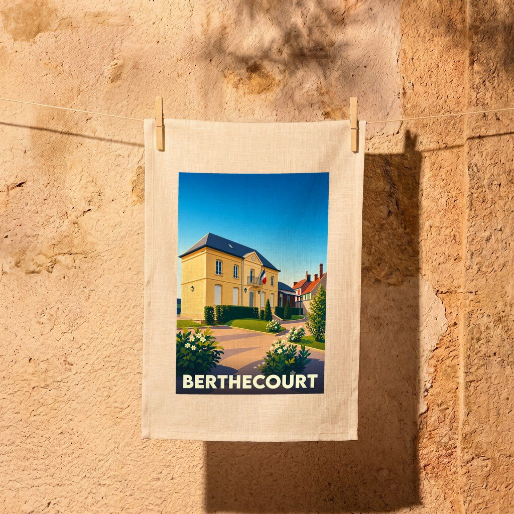 Torchon souvenir de la ville de Berthecourt avec une illustration stylisée de sa mairie.