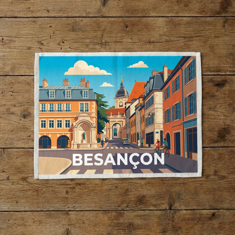 Torchon souvenir de la ville de Besançon avec une illustration stylisée de ses rues et monuments historiques.