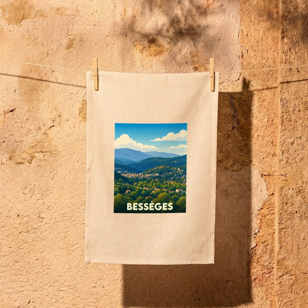 Torchon souvenir de la ville de Bessèges avec une illustration stylisée de paysages montagneux.