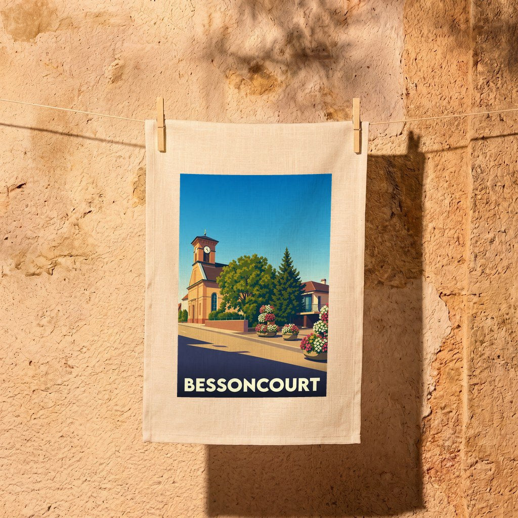 Torchon souvenir de la ville de Bessoncourt avec une illustration stylisée d'un clocher et de jardins fleuris.