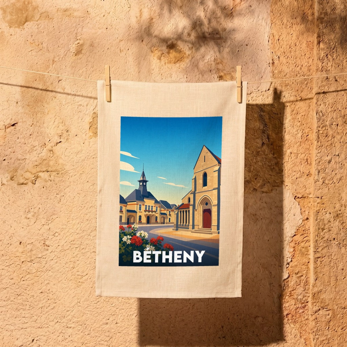 Torchon souvenir de la ville de Bétheny avec une illustration stylisée montrant l'église et la mairie.