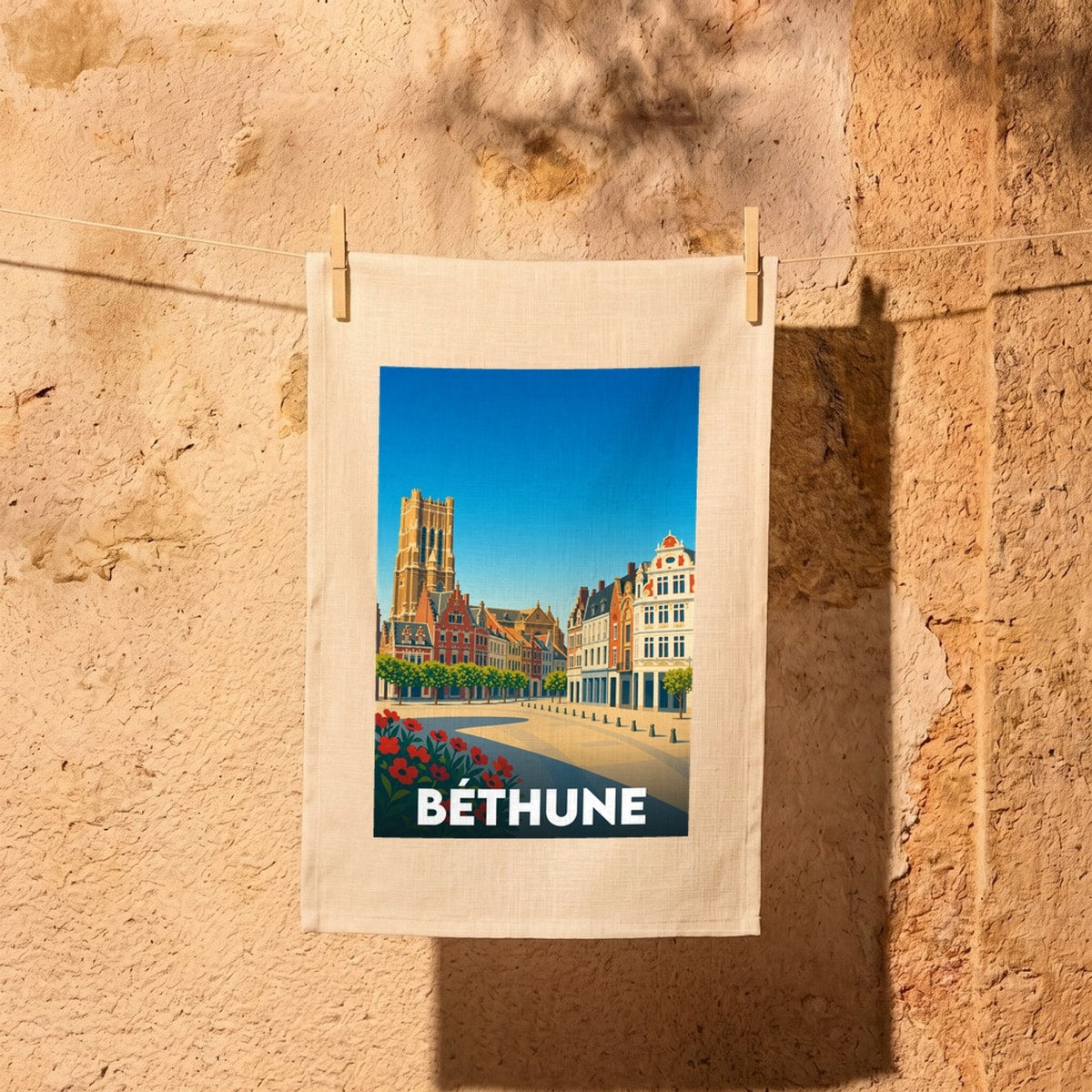 Torchon souvenir de la ville de Béthune avec une illustration stylisée de son architecture emblématique.