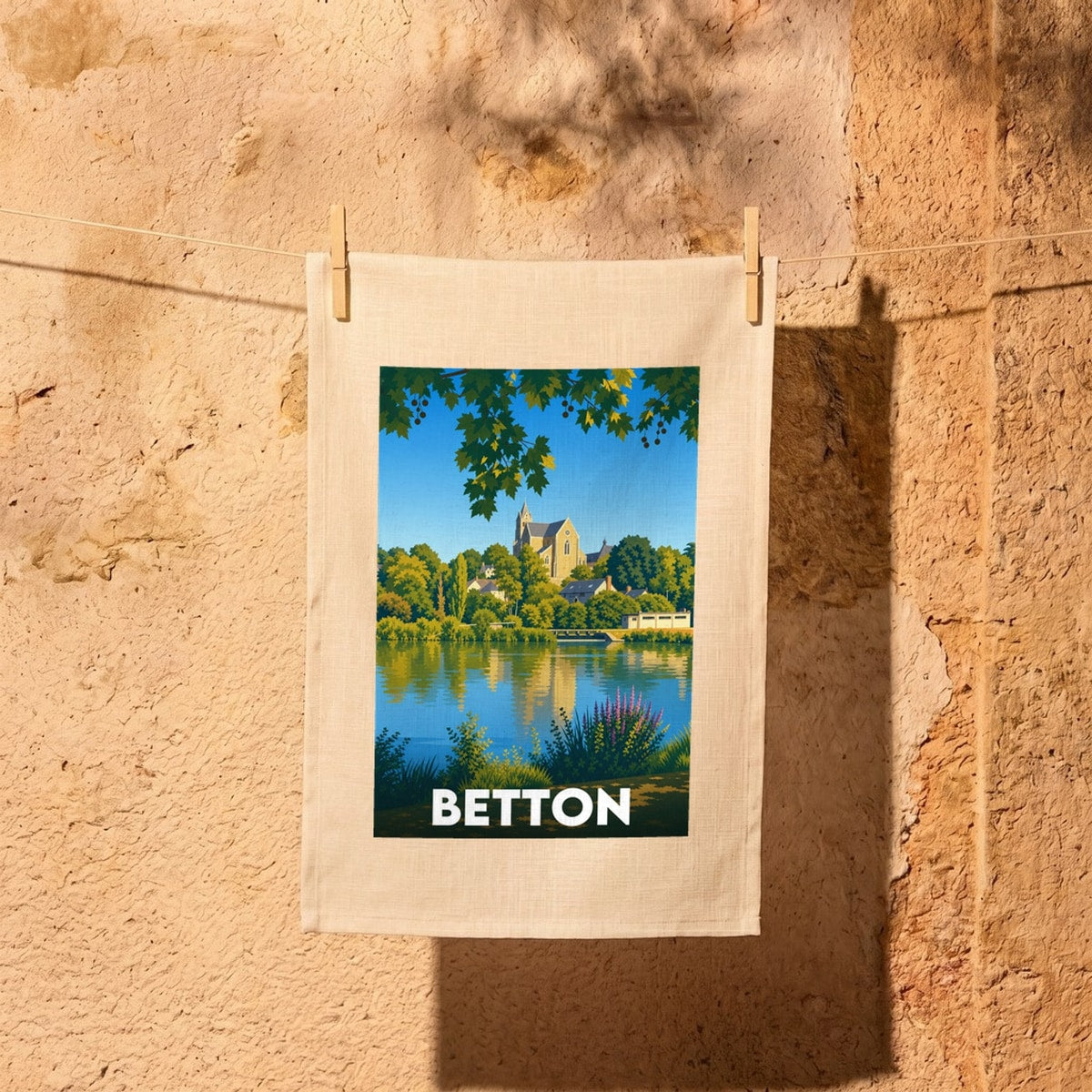 Torchon souvenir de la ville de Betton avec une illustration stylisée.
