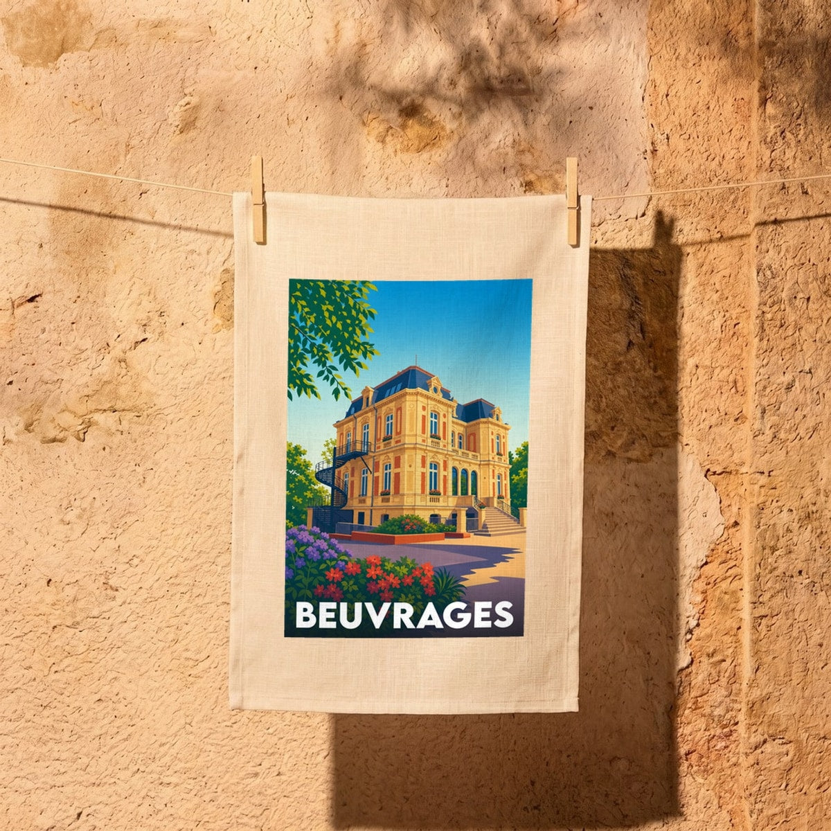 Torchon souvenir de la ville de Beuvrages illustrant une demeure bourgeoise entourée de jardins.
