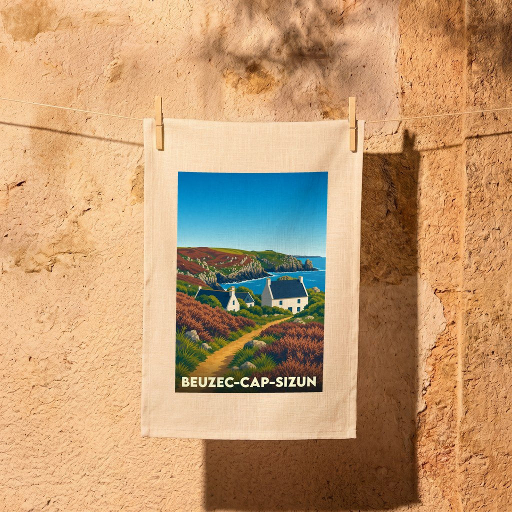 Torchon souvenir de Beuzec-Cap-Sizun illustrant un paysage côtier typique de Bretagne.