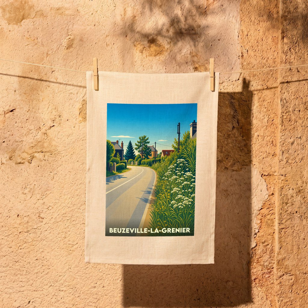 Torchon souvenir de Beuzeville-la-Grenier illustré d'une route de campagne ensoleillée et fleurie.