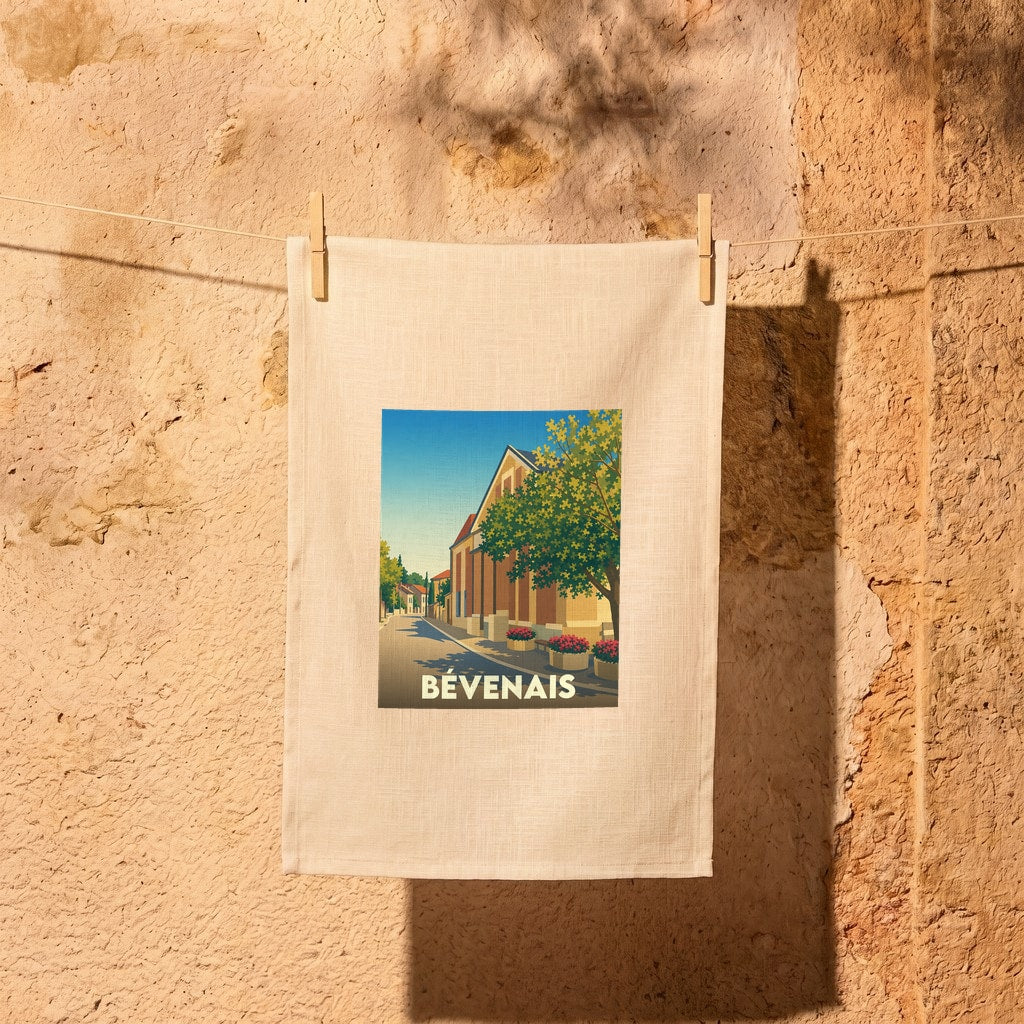 Torchon souvenir de la ville de Bévenais avec une illustration stylisée.