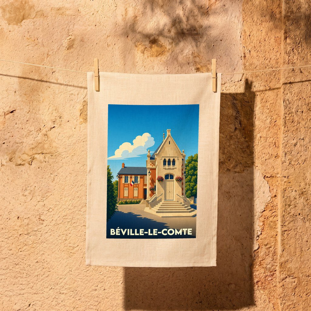 Torchon souvenir de la ville de Béville-le-Comte avec une illustration stylisée de son hôtel de ville.