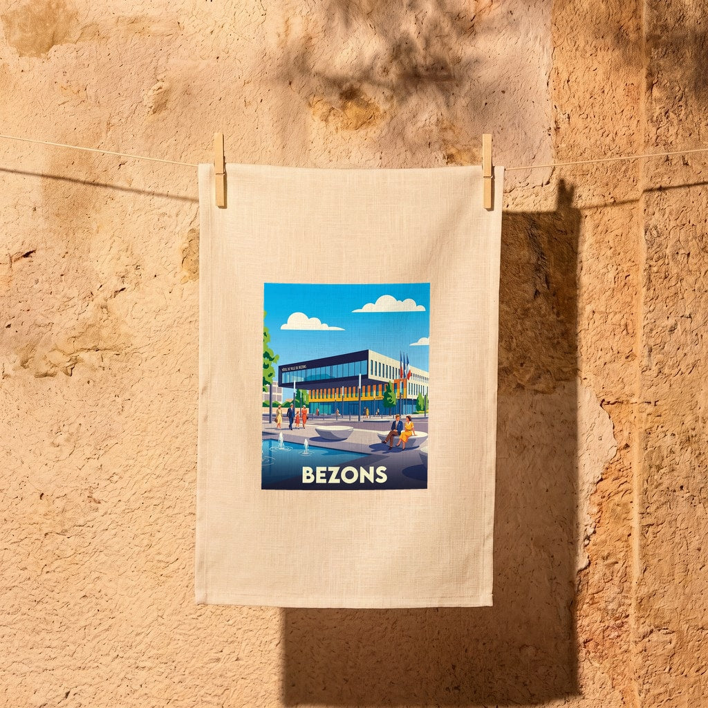 Torchon souvenir de la ville de Bezons avec une illustration stylisée de son hôtel de ville.
