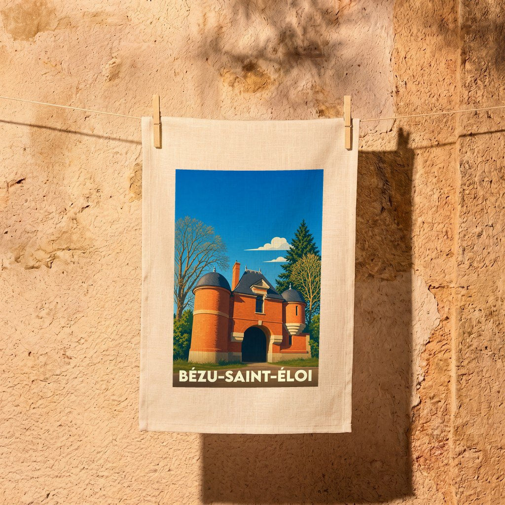 Torchon souvenir de la ville de Bézu-Saint-Éloi avec une illustration stylisée.