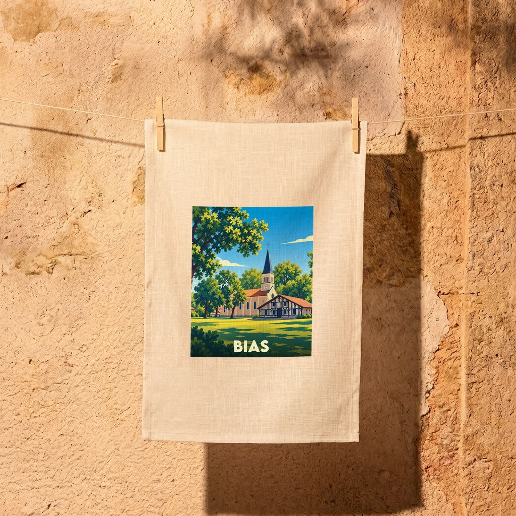 Torchon souvenir de la ville de Bias avec une illustration stylisée représentant son église et ses maisons typiques.