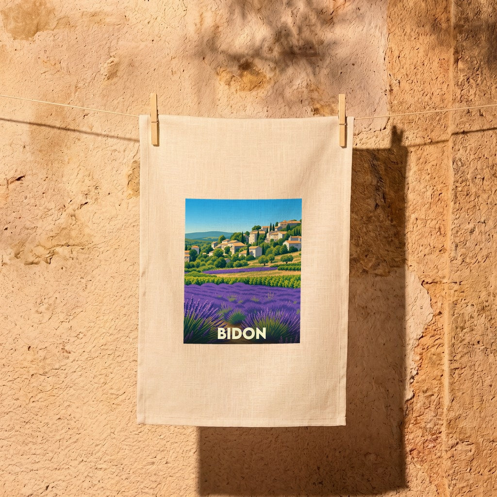 Torchon souvenir de la ville de Bidon avec une illustration stylisée de paysages provençaux.